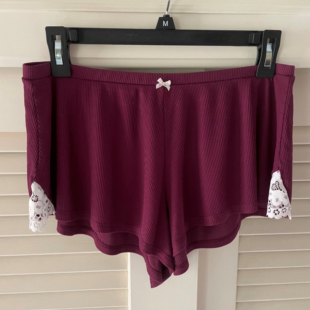 Victoria's Secret Ribbed Maroon/White Lace Pull On Pajama Lounge Sleep Shorts S